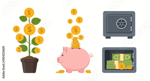 Flat vector illustration set of financial growth and security icons including a money tree in a pot, pink piggy bank with gold coins, and a metal safe shown both closed and open.