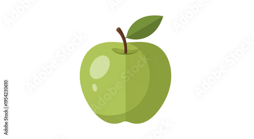 Flat vector illustration of a single green Granny Smith apple featuring a brown stem and a green leaf, isolated on a white background. Minimalist graphic design with clean shading.