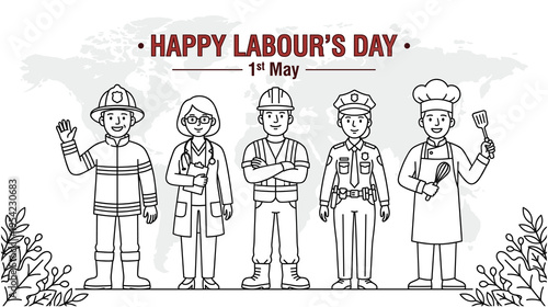 International labour day coloring banner with professionals outline