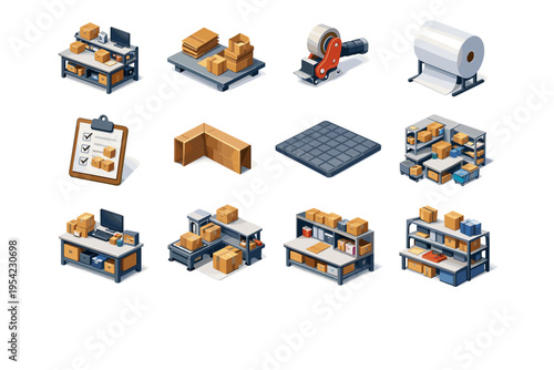 Packing workstation simple desk vector parcel image generation roll box assembly dispenser