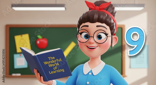 3D Cartoon Teacher Smiling and Holding Learning Book in Classroom with Chalkboard and Number 9
