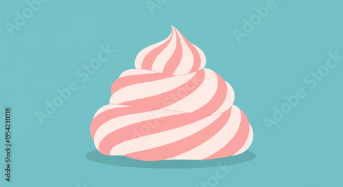 Vector illustration of a pink and white striped whipped cream swirl dollop, minimalist sweet frosting or meringue peak isolated on a flat teal background for culinary design.