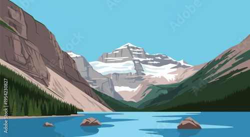 Vector illustration of a scenic mountain landscape with a turquoise alpine lake, snow-covered peaks, and evergreen pine forests under a clear blue sky in the Canadian Rockies.