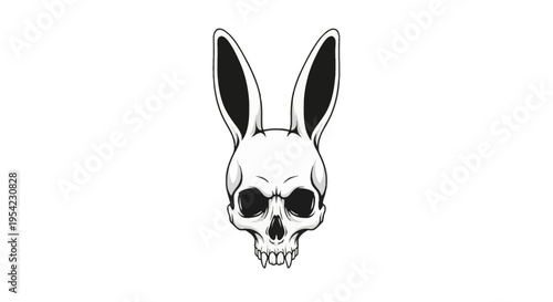 Symmetrical vector illustration of a human skull integrated with long, pointed rabbit ears, featuring dark hollow eye sockets and sharp teeth, isolated on a white background.