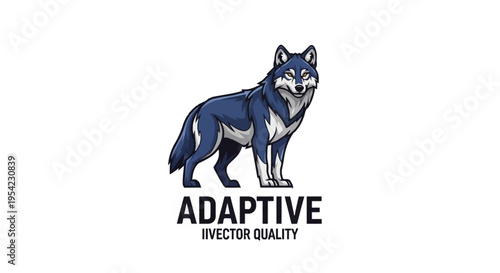 Full body vector illustration of a standing wolf in shades of blue and grey with yellow eyes, isolated on white background, featuring bold outlines and stylized mascot design.