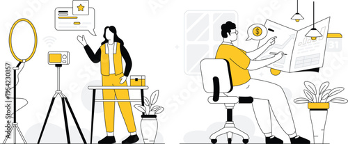 Modern hybrid work setup combining virtual presentation and remote financial analysis