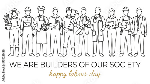 Diverse workers stand together happy labor day builders of our society