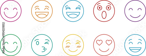 Gentle and Affectionate Expression Emoji Icon Set — Smiling, Blushing, Kissing, Heart Eyes, and Cheerful Face Color Outline Icons
