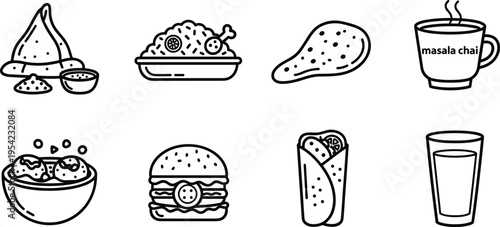 South Asian Street Food Icon Set — Samosa, Rice Platter, Chicken Leg, Chai, Soup Bowl, Burger, Wrap, and Juice Glass Outline Icons