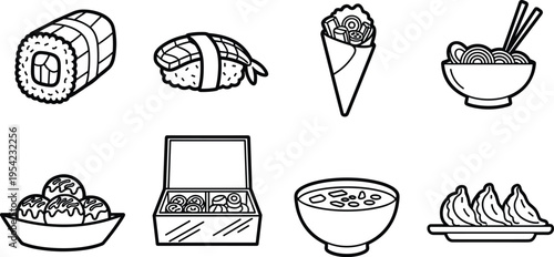 Japanese and Asian Food Icon Set — Sushi Roll, Onigiri, Cone, Noodles, Dumplings, Bento Box, and Miso Soup Outline Icons