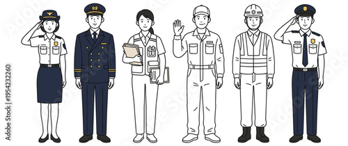 Group of diverse professionals with varying uniforms and poses
