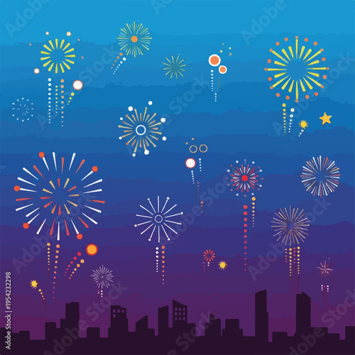 Colorful fireworks erupt over a city skyline at dusk