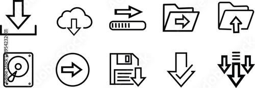 Collection of black and white download upload and transfer icons vector