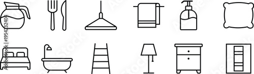 Collection of line art icons for home and hospitality items coffee carafe