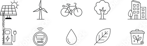 Solar panel wind turbine electric bike tree building charging station meter drop leaf trash can