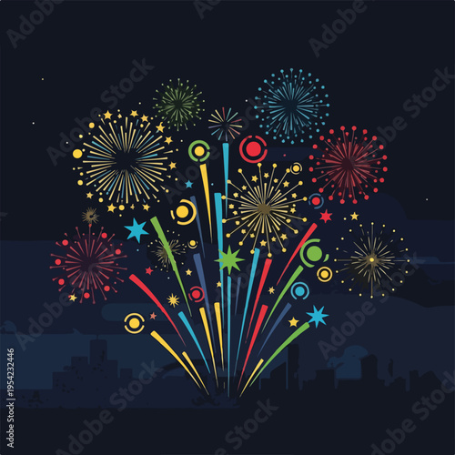 Colorful fireworks exploding over a silhouetted city at night