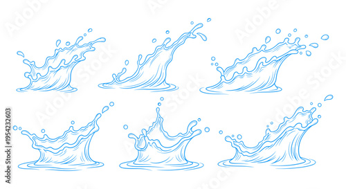 Blue water splash illustrations in various dynamic movements on transparent background