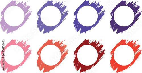 A set of eight abstract circular brush stroke graphics in various colors
