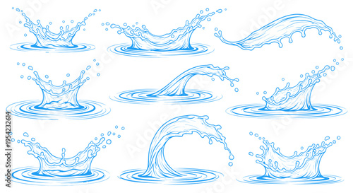 Various blue water splash designs and wave graphics on transparent background