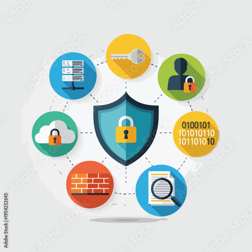 Colorful flat illustration featuring security elements around a shield