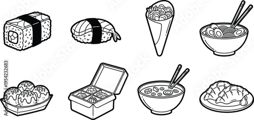 Japanese and Asian Food Icon Set — Sushi, Rice Box, Miso Soup, Noodle Bowl, Dumplings, and Chopsticks Outline Icons