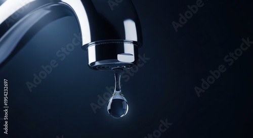 Chrome water faucet with a single clear droplet falling against a dark background