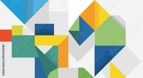 Colorful, geometric abstract artwork with overlapping shapes and bold colors