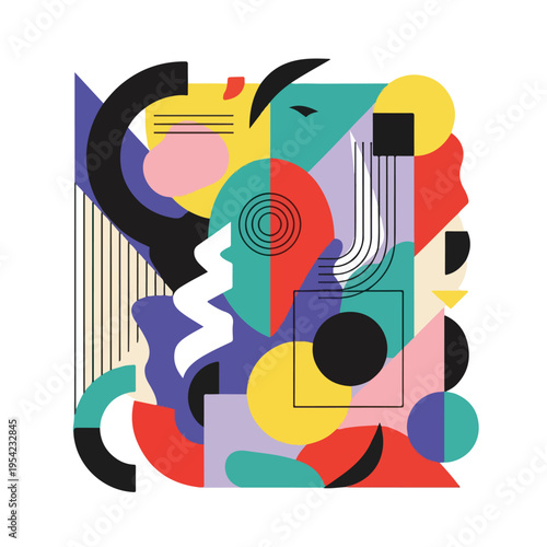 Colorful, geometric abstract design with diverse shapes and vibrant hues