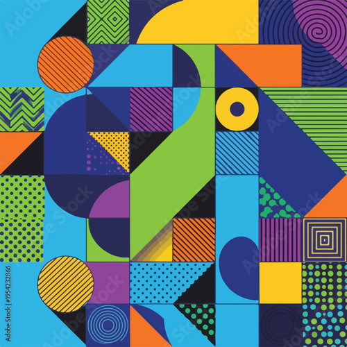 Colorful, geometric abstract design with patterned shapes and textures
