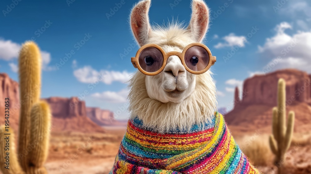 Fototapeta premium Stylish llama dressed in colorful poncho and round glasses in desert