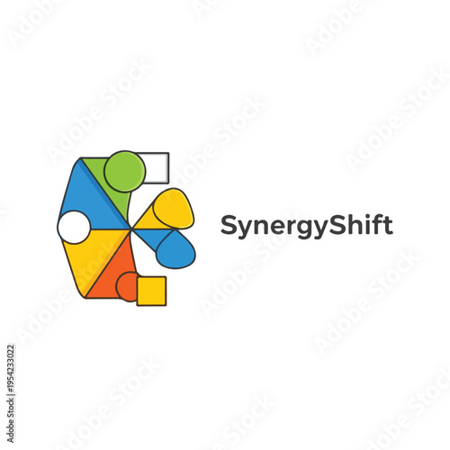 Colorful, geometric abstract shape with text on a white background