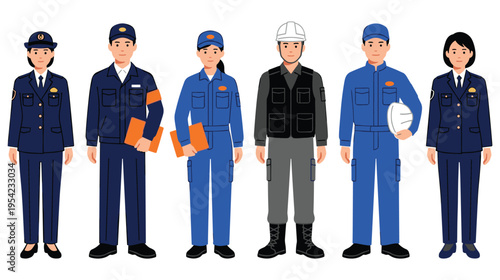 Group of diverse professionals standing in their work uniforms