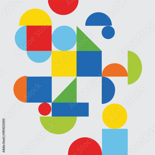 Colorful, geometric arrangement of circles, squares, triangles, and semi-circles