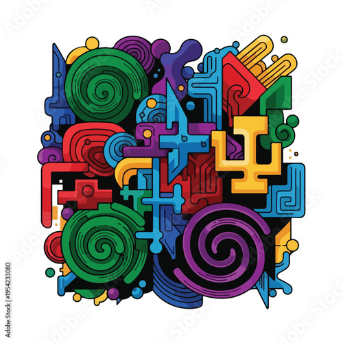 Colorful, geometric artwork with layered shapes, swirls, and intricate lines