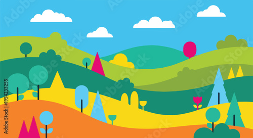 Colorful, geometric landscape with hills, trees, and clouds