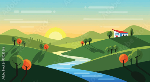 Colorful, geometric landscape with rolling hills, river, house, and a setting sun