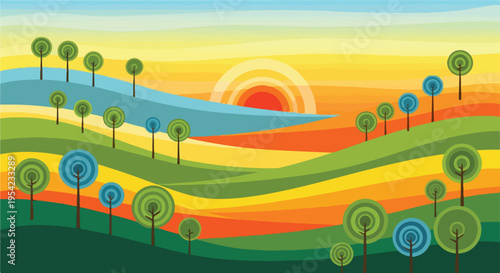 Colorful, geometric landscape with stylized trees and a radiant sunrise