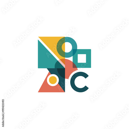 Colorful, geometric shapes overlapping to form an abstract composition