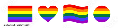 LGBTQ Pride rainbow flag collection featuring rectangle, heart, waving banner and circular shapes, vibrant symbol of diversity, inclusion, equality and love in modern flat vector style