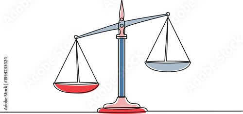 A colorful illustration of a balance scale with red and blue bowls