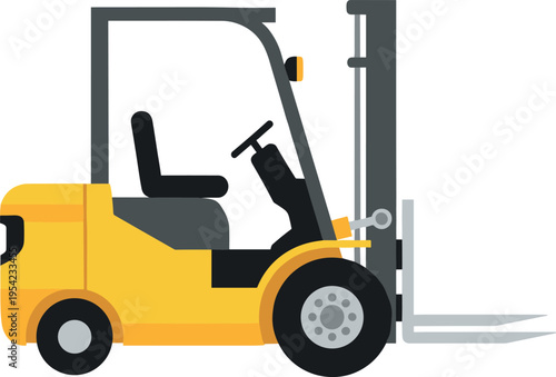 A yellow forklift with a black seat and gray accents on a plain background