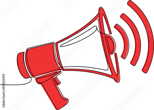 A red megaphone with sound waves emanating from it on a white background