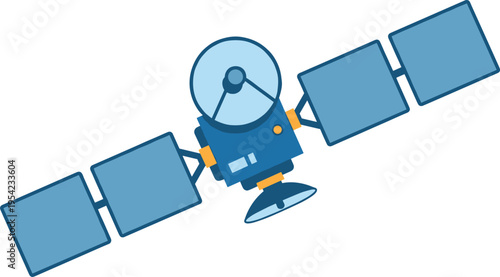 A blue cartoon satellite with solar panels in space