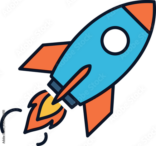 A cartoon rocket ship blasting off into the air with flames