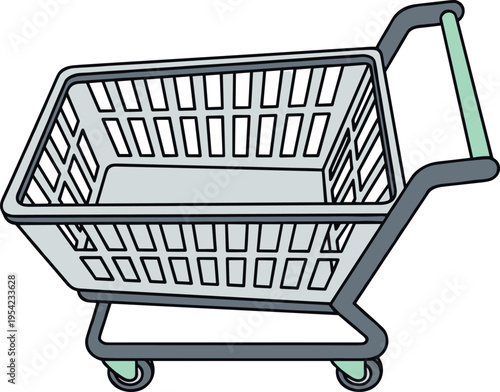 An empty shopping cart on wheels with a metal basket