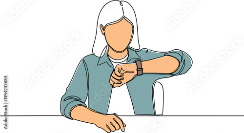 A woman with white hair checking her watch while sitting down