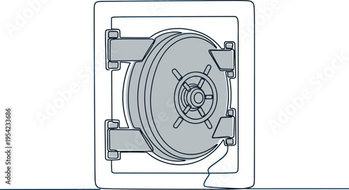 A detailed line drawing of a safe with a combination lock