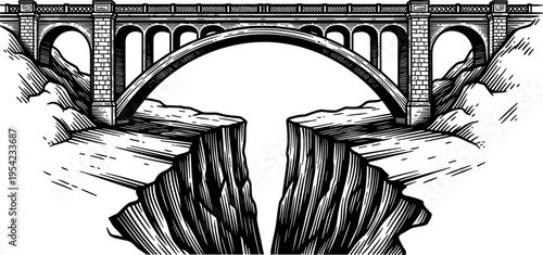 An old brick bridge spans a deep chasm with a large archway