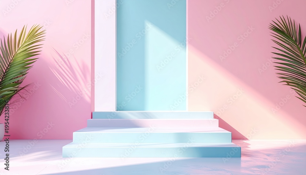 Obraz premium Minimalist pastel stage with palm leaves and sunlight.
