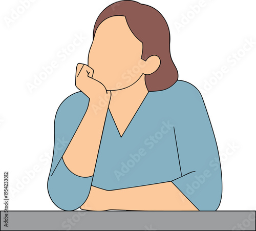 A woman sits at a desk with her hand on her chin looking thoughtful
